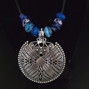 Handcrafted Silver Plated Boho Chic Style Pendant, Blue Glass and Crystal Beads
